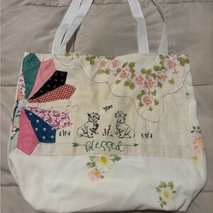 Blessed- Vintage Linen Dog Embroidered Floral Tote Bag